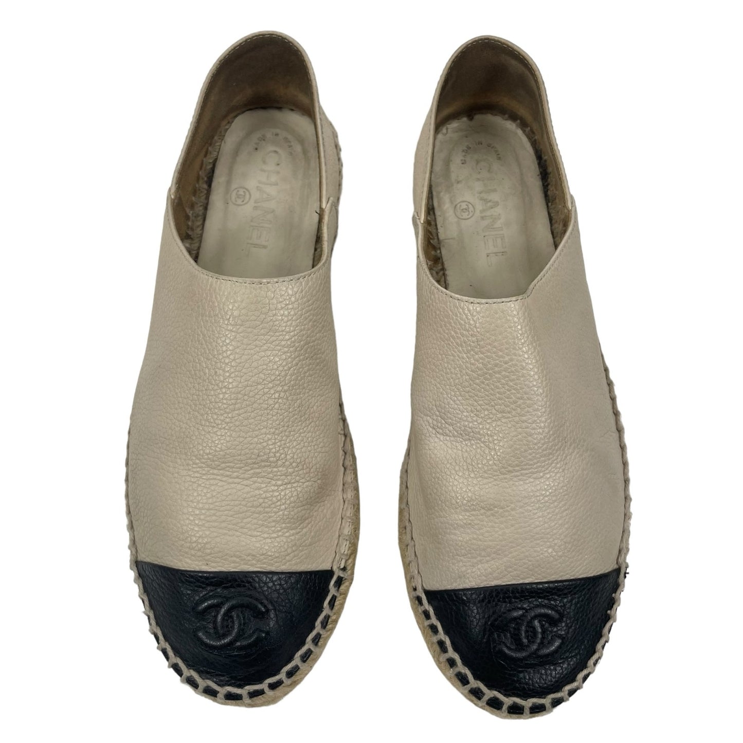 Chanel CC Logo Cap Toe Espadrille Flats Calfskin Leather Neutral Size 40