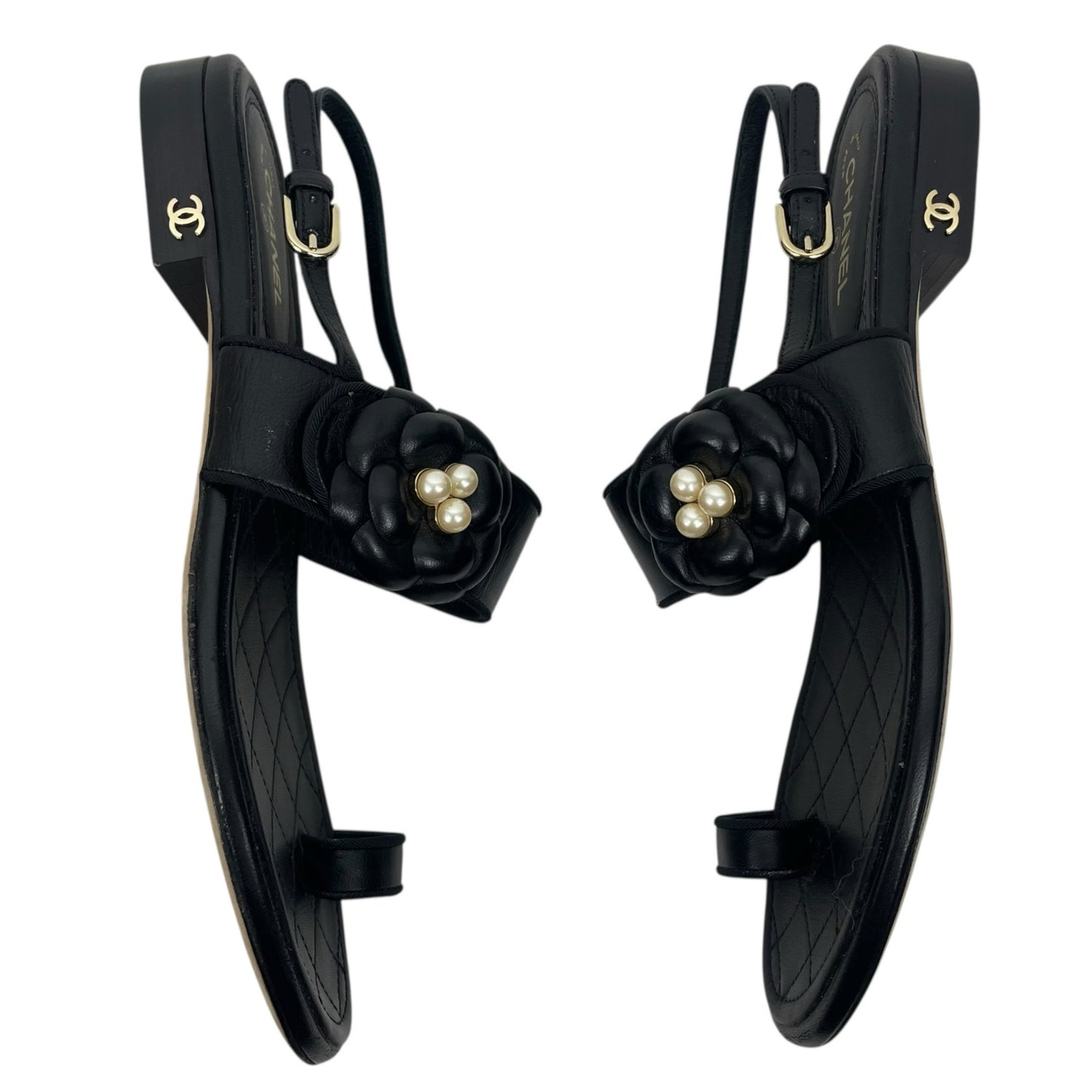 Chanel Camellia Pearl Logo Toe Ring Slingback Flat Sandal Black Size 37.5
