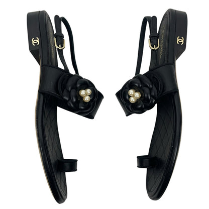 Chanel Camellia Pearl Logo Toe Ring Slingback Flat Sandal Black Size 37.5