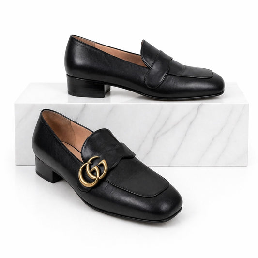 Gucci Double GG Logo Square Toe Slip On Leather Loafer Black Size 38