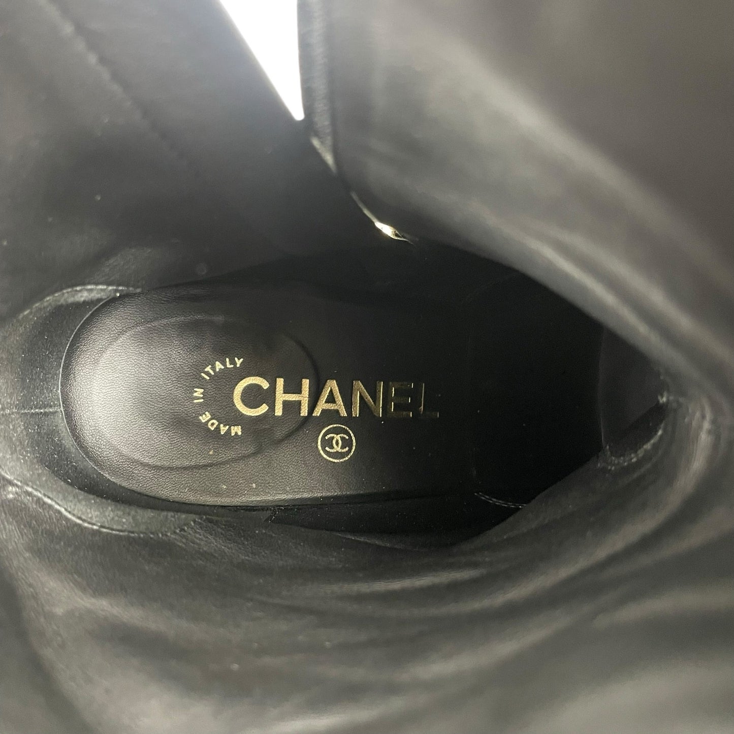 Chanel Coco Mark Logo Cap Toe Chain Short Leather Boots Black Size 39