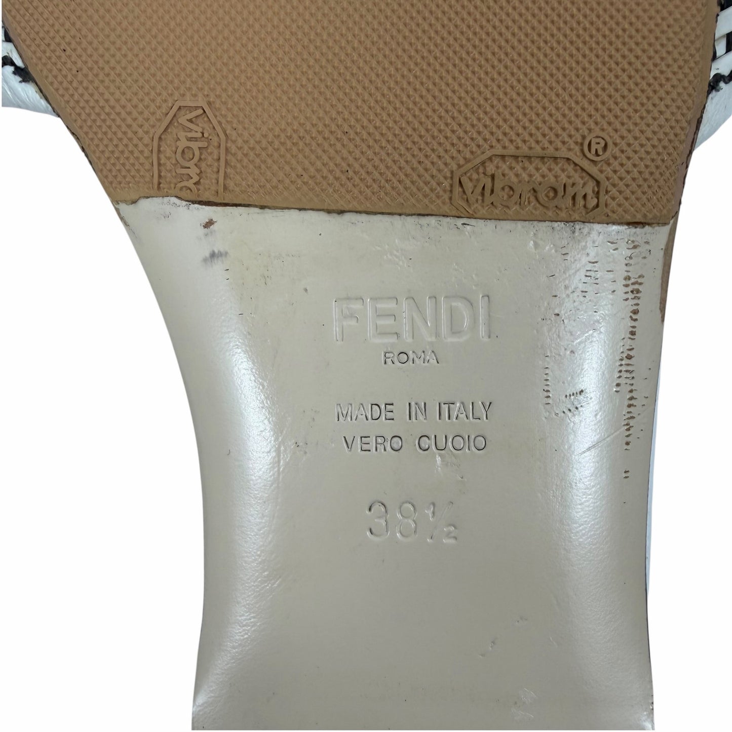 Fendi Rafia Weave Logo Leather Slide Sandal White Black Size 38.5
