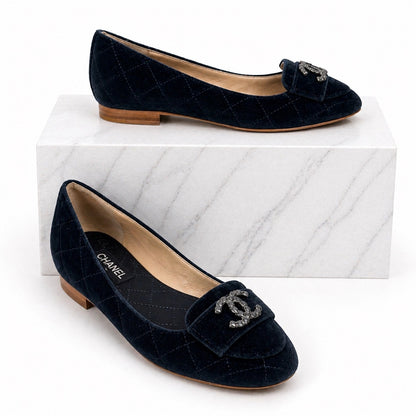Chanel CC Logo Jeweled Velvet Quilted Slip On Flats Blue Size 39