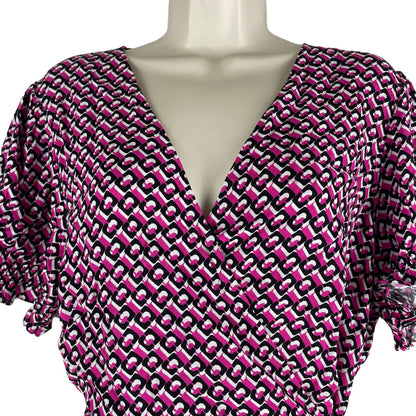 Diane von Furstenberg Emilia 3D Chain Printed Wrap Top Pink Size 16