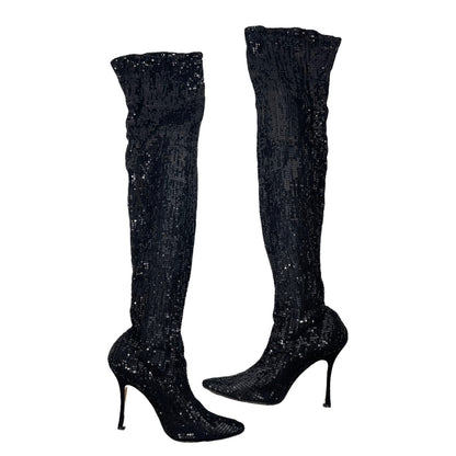 Manolo Blahnik Sequined Pascalare Over the Knee Boots Black Size 37.5