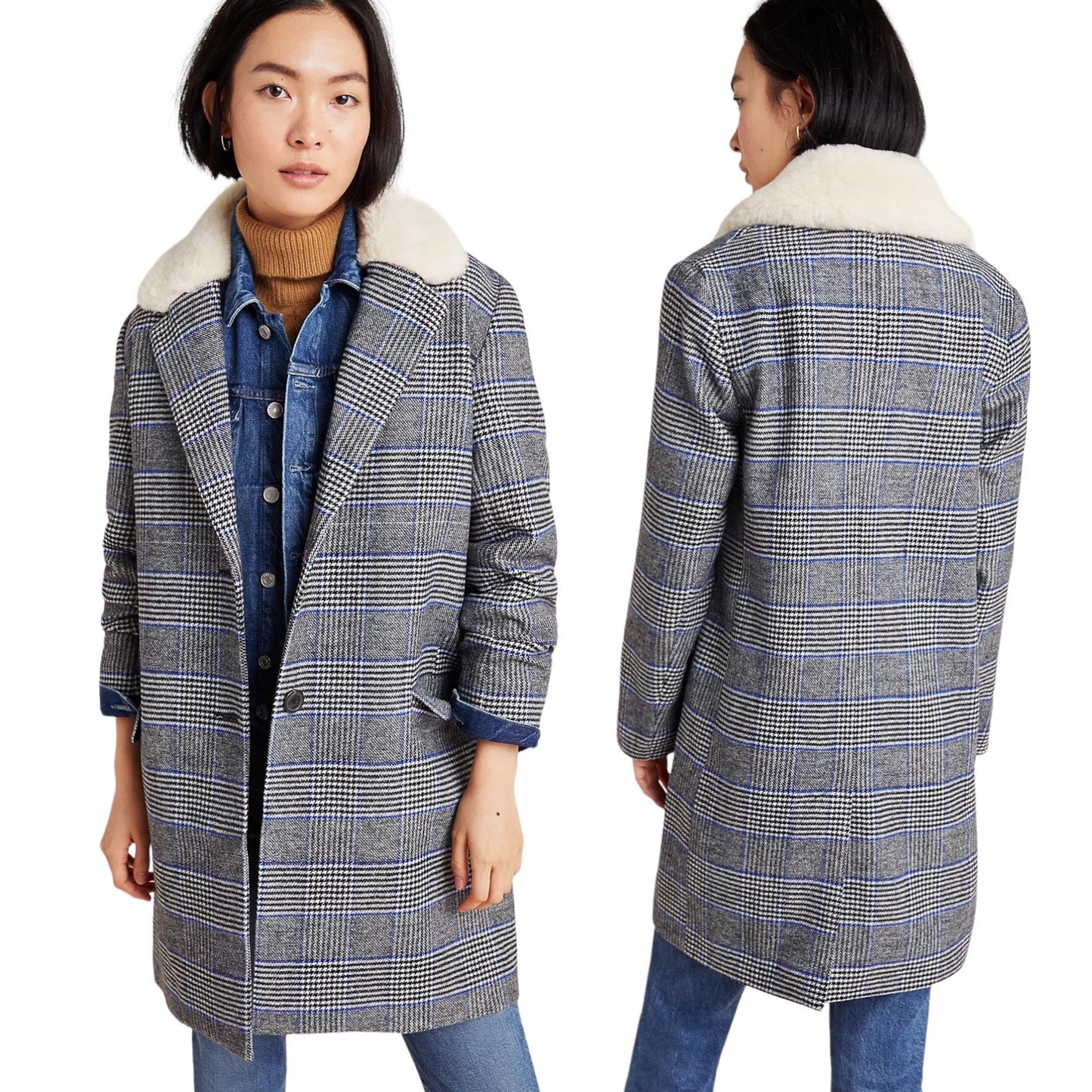 Levi's Amaya Wool Blend Houndstooth Plaid Coat Faux Fur Gray Blue Size L