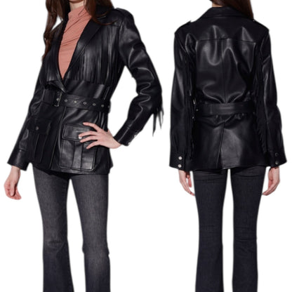 Walter Baker Linda Fringe Belted Lamb Leather Jacket Black Size S