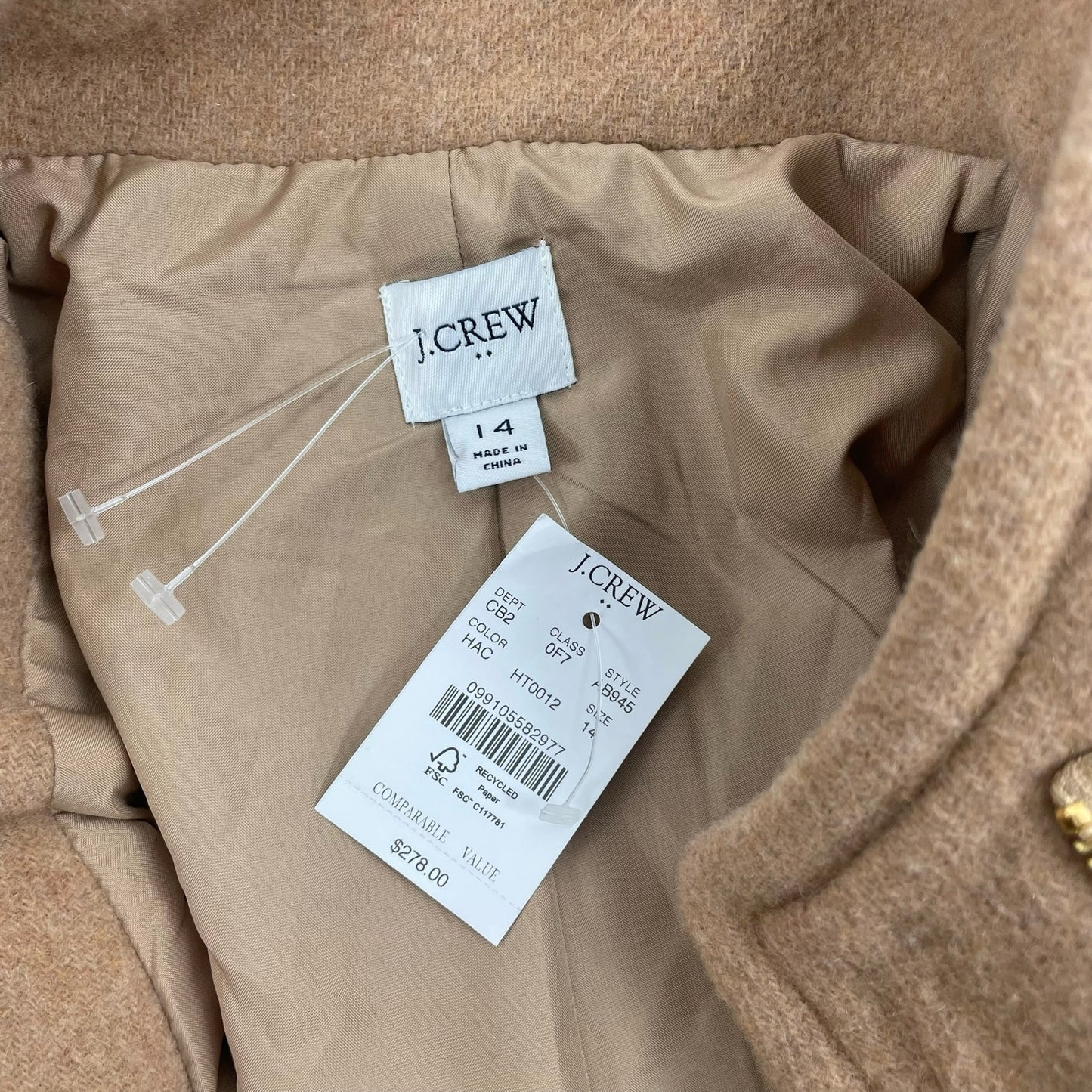 J. Crew Factory Wool Blend City Coat Side Zip Camel Tan Size 14