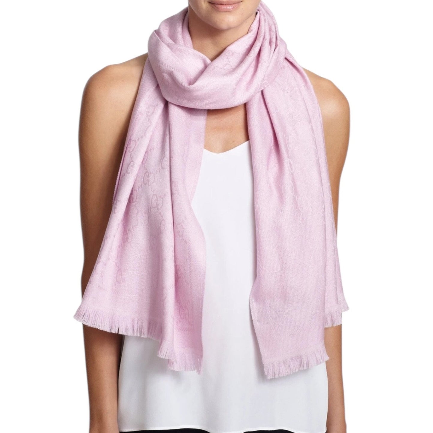 Gucci Wool Silk GG Monogram Light Jacquard Scarf Light Pink 18"x70"