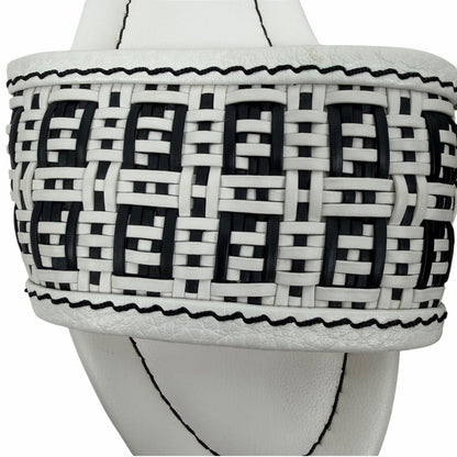 Fendi Rafia Weave Logo Leather Slide Sandal White Black Size 38.5