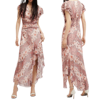 All Saints Brea Floral Print Cascade Maxi Dress Clay Pink Size 8