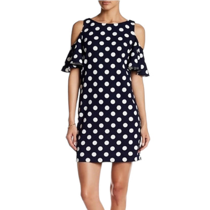 Eliza J Cold Shoulder Polka Dots Mini Dress Navy White Size 2