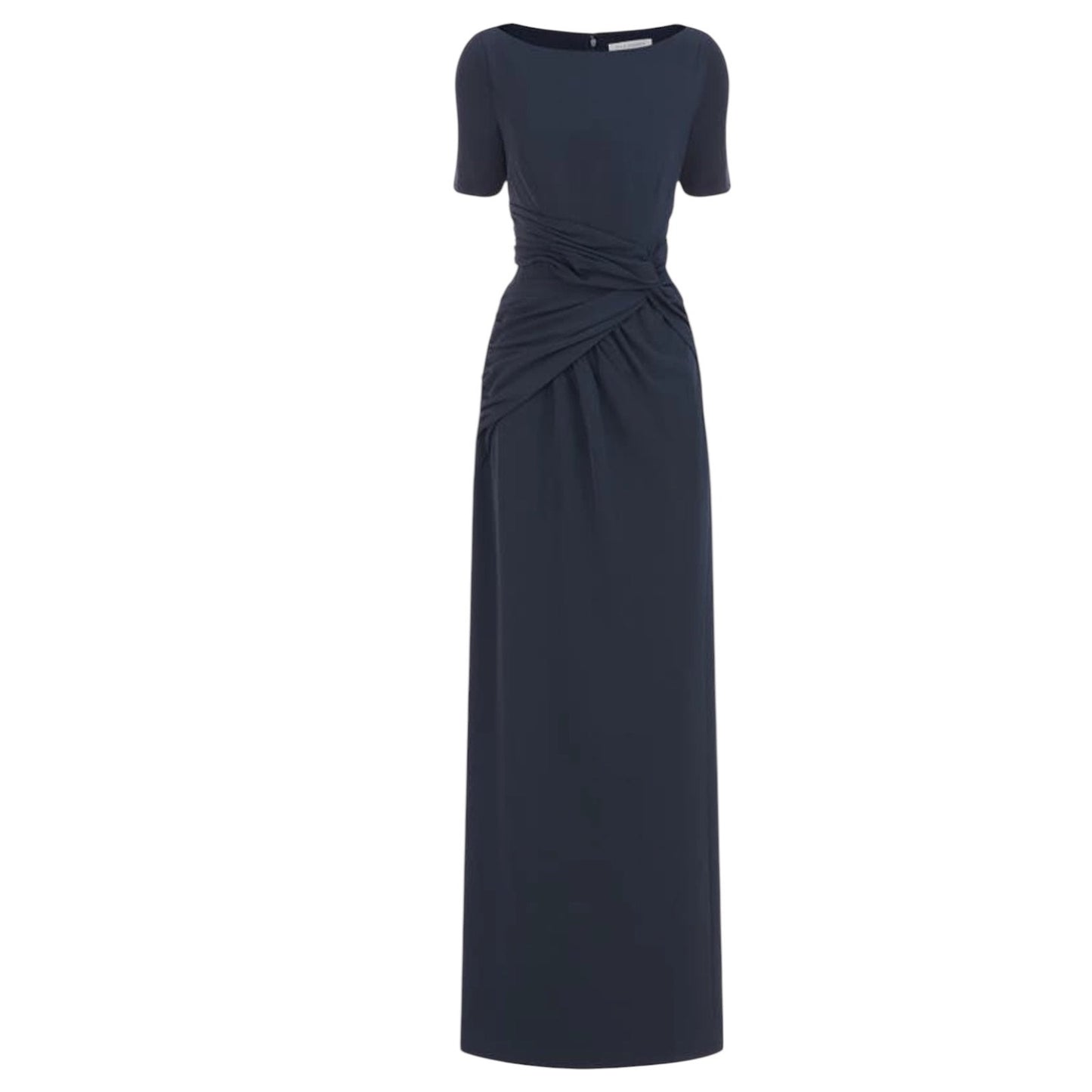Kay Unger Garbo Gathered Column Gown Short Sleeve Carbon Blue Size 8