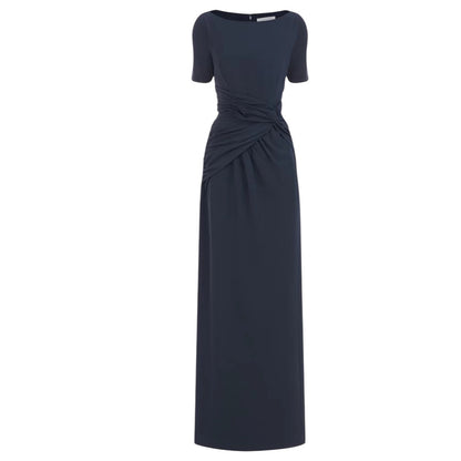 Kay Unger Garbo Gathered Column Gown Short Sleeve Carbon Blue Size 8