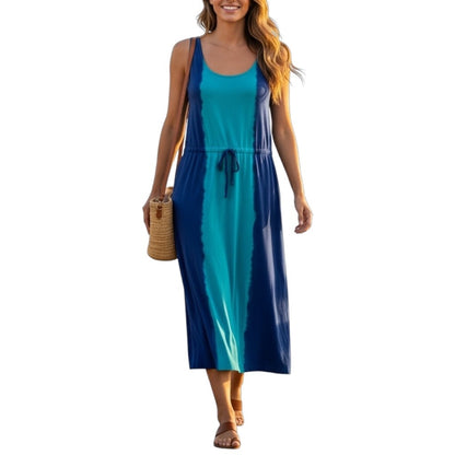 Calvin Klein Tie Dye Scoop Neck Midi Dress Waist Tie Blue Green Size 4