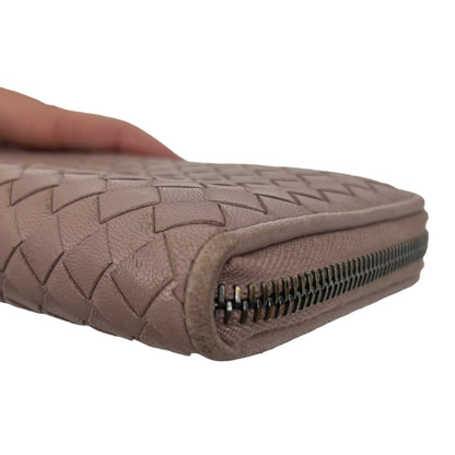 Bottega Veneta Intrecciato Zip Around Long Wallet Leather Weave Light Pink