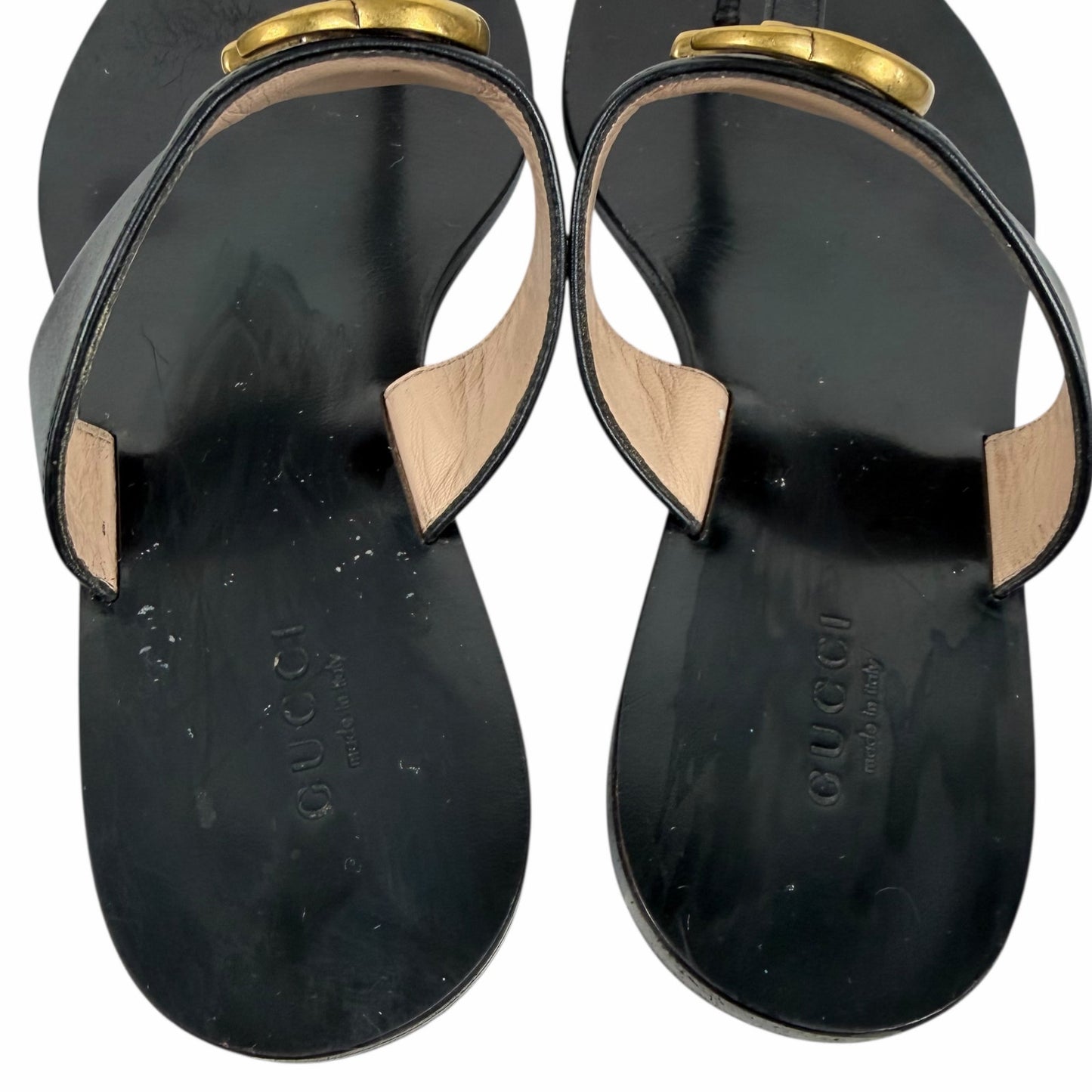 Gucci Black Leather Thong Sandal Gold Double G Logo Size 36.5