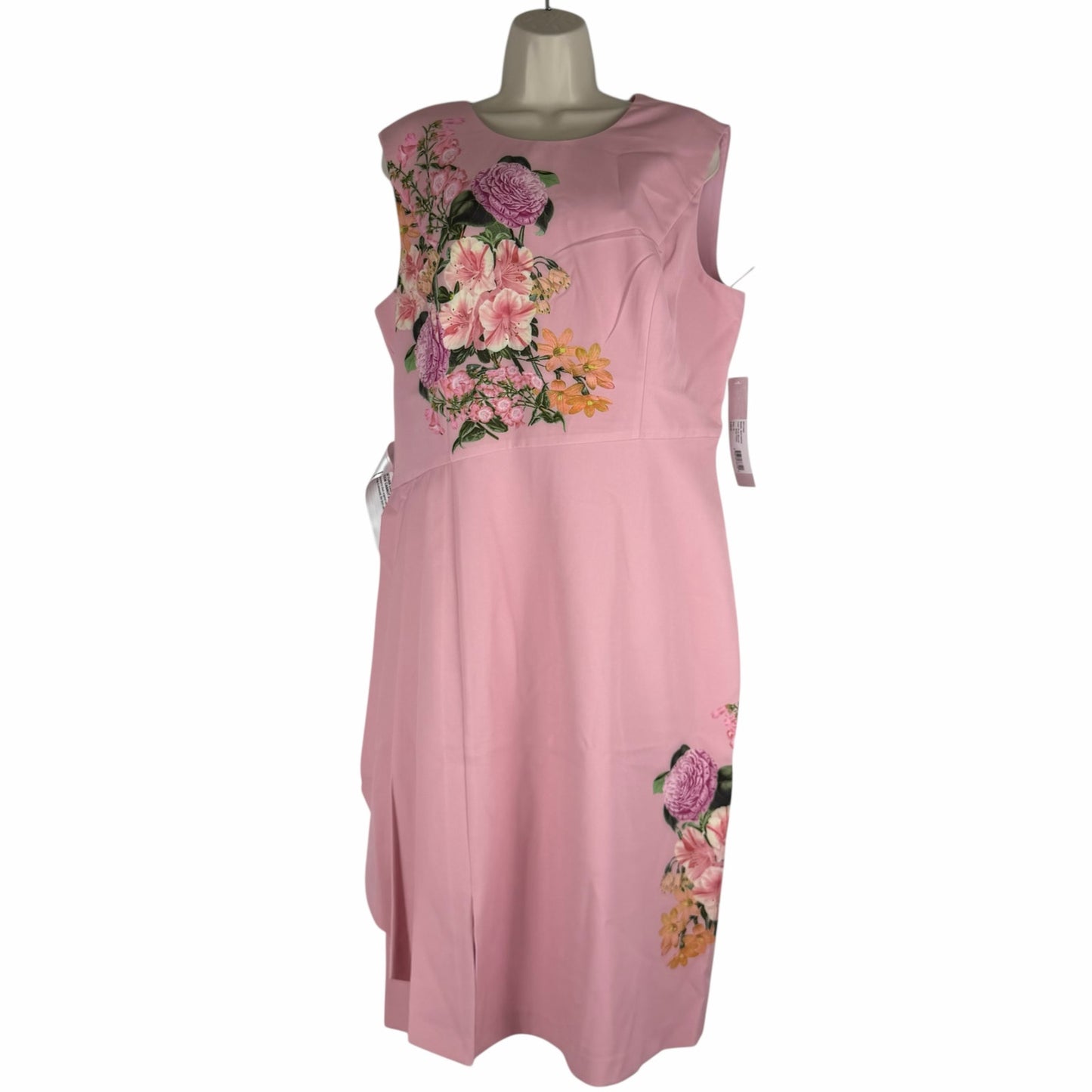 Kay Unger Mabel Midi Dress Floral Print Side Pleats Pink Size 16