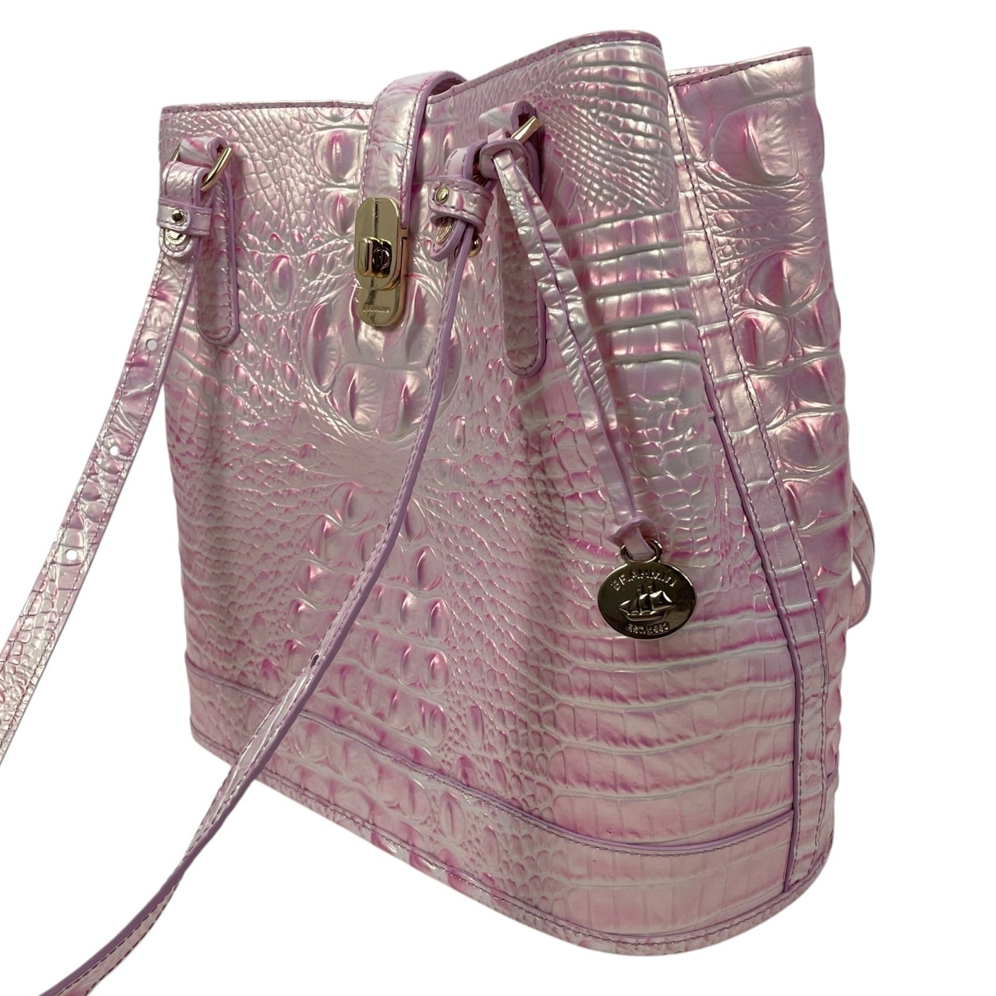 Brahmin Fiore Melboure Leather Bucket Bag Rose Water Pearl Pink Croc