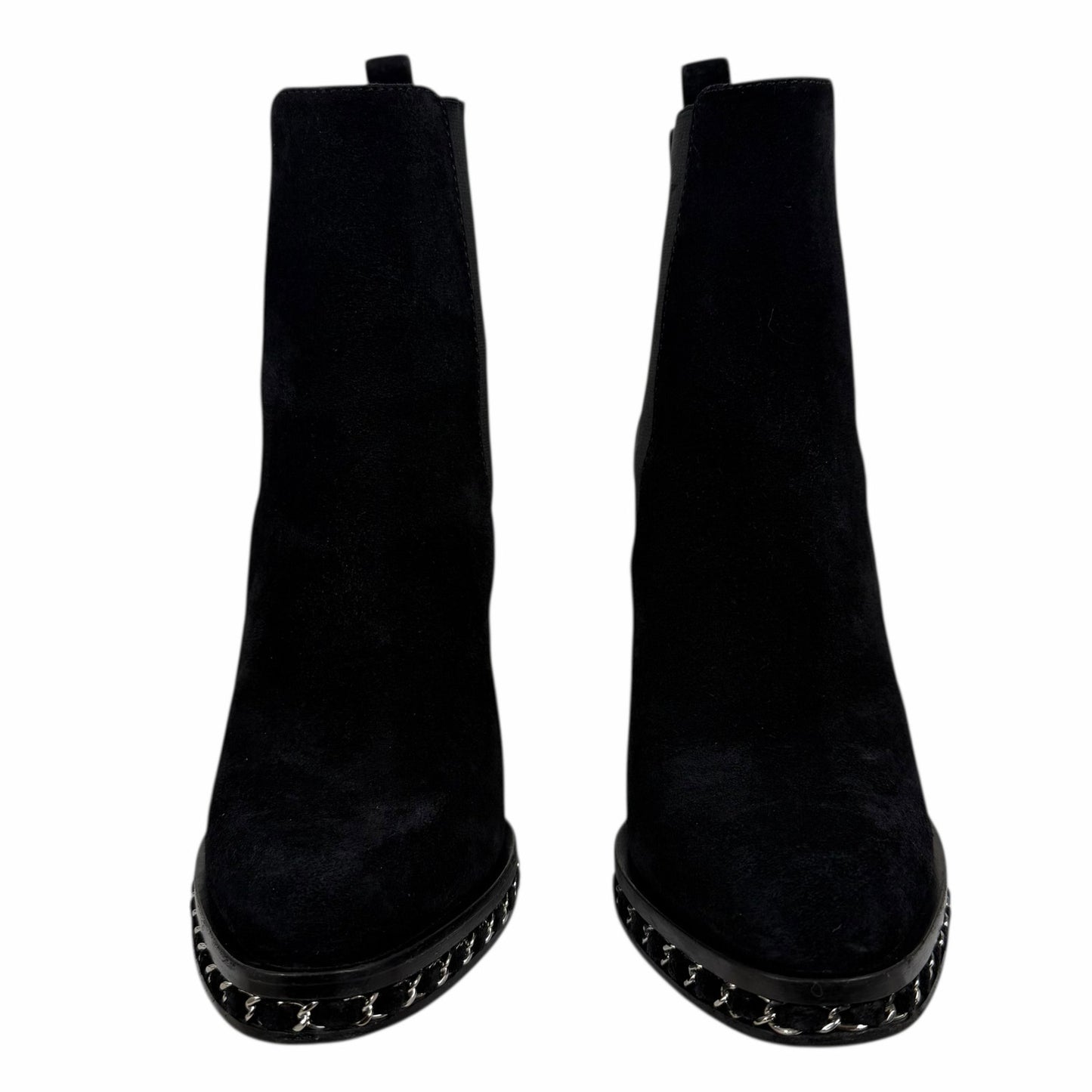 Chanel Interlocking CC Logo Heel Chain Suede Ankle Boots Black Size 40