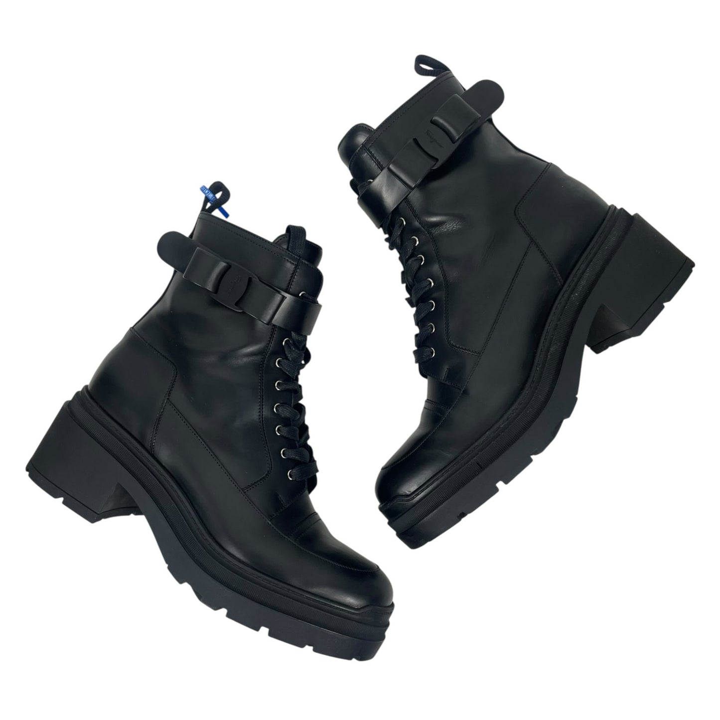 Salvatore Ferragamo Vara bow Lace Up Leather Combat Boots Black Size 9.5