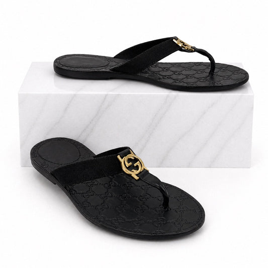 Gucci Interlocking GG Logo Thong Sandal Slide Black Gold Size 41