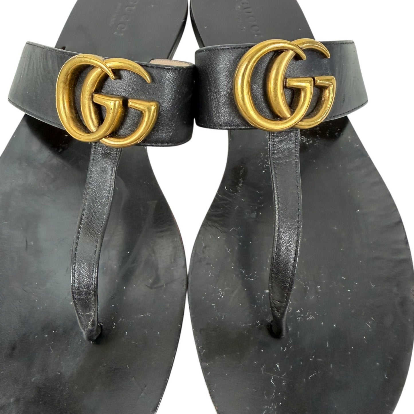 Gucci Black Leather Thong Sandal Gold Double G Logo Size 38.5
