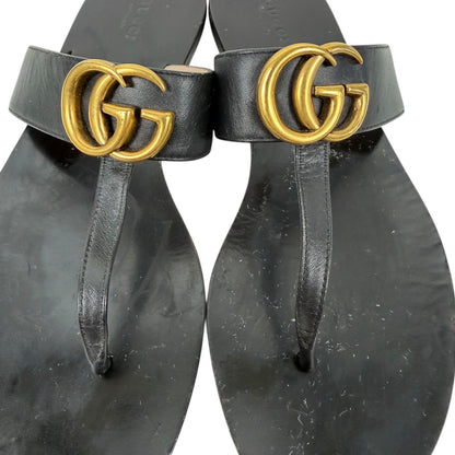 Gucci Black Leather Thong Sandal Gold Double G Logo Size 38.5