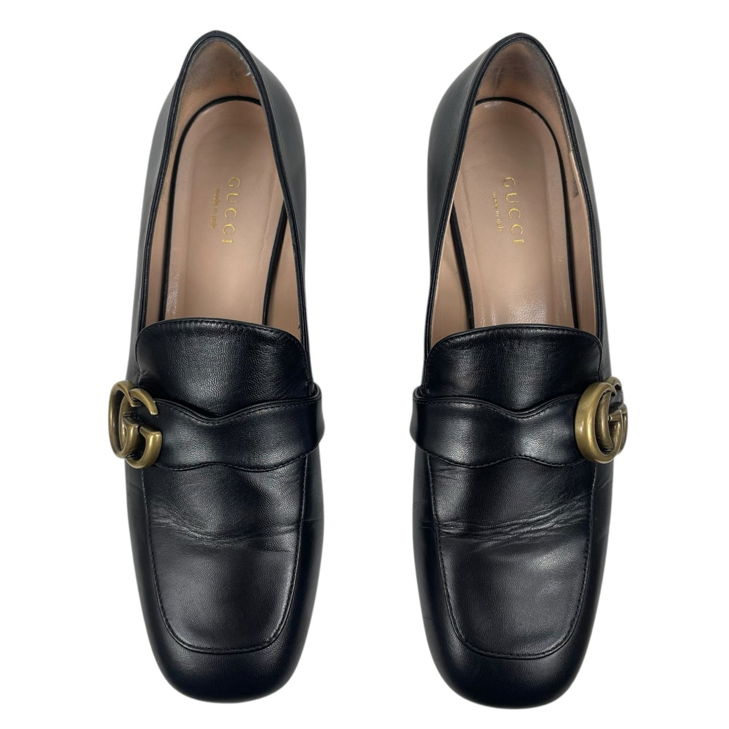 Gucci Double GG Logo Square Toe Slip On Leather Loafer Black Size 38