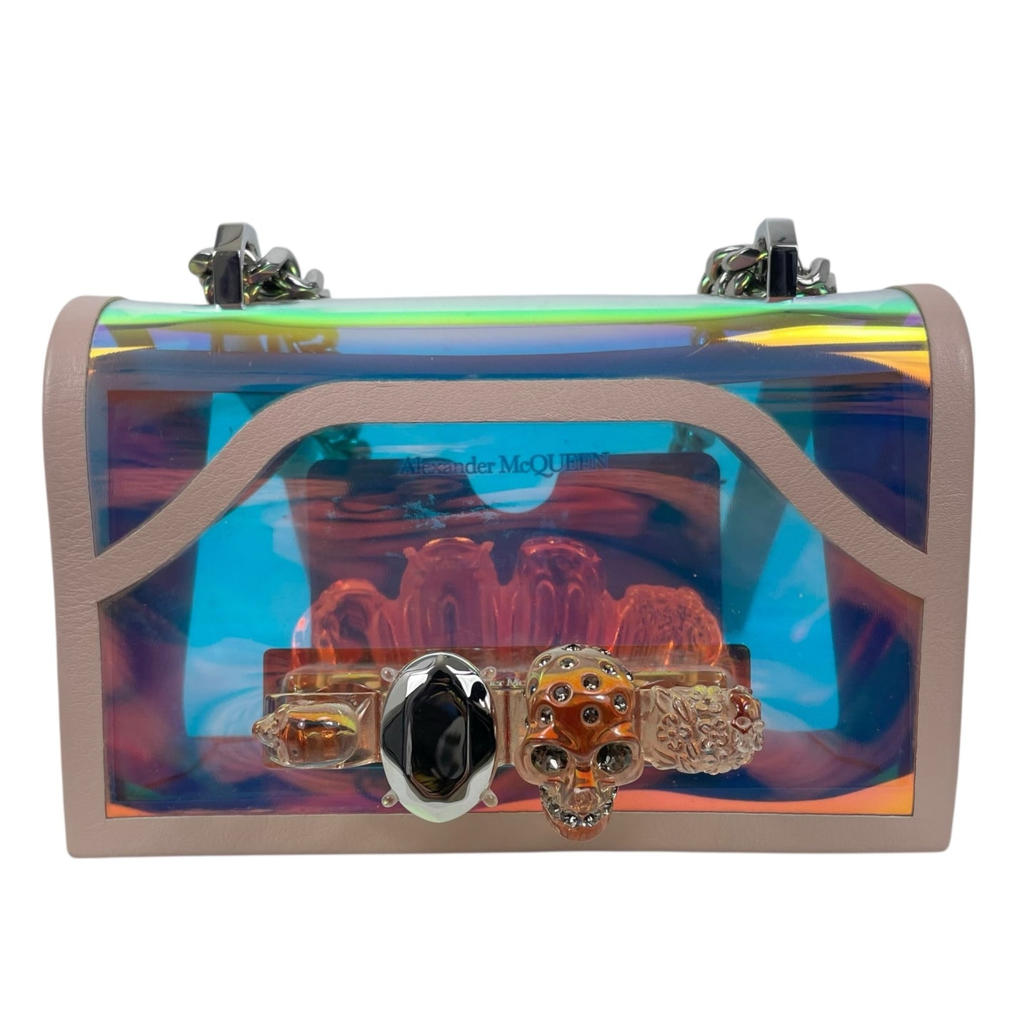 Alexander McQueen Mini Jewelled Crossbody Bag Holographic Pink PVC Leather