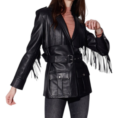 Walter Baker Linda Fringe Belted Lamb Leather Jacket Black Size S
