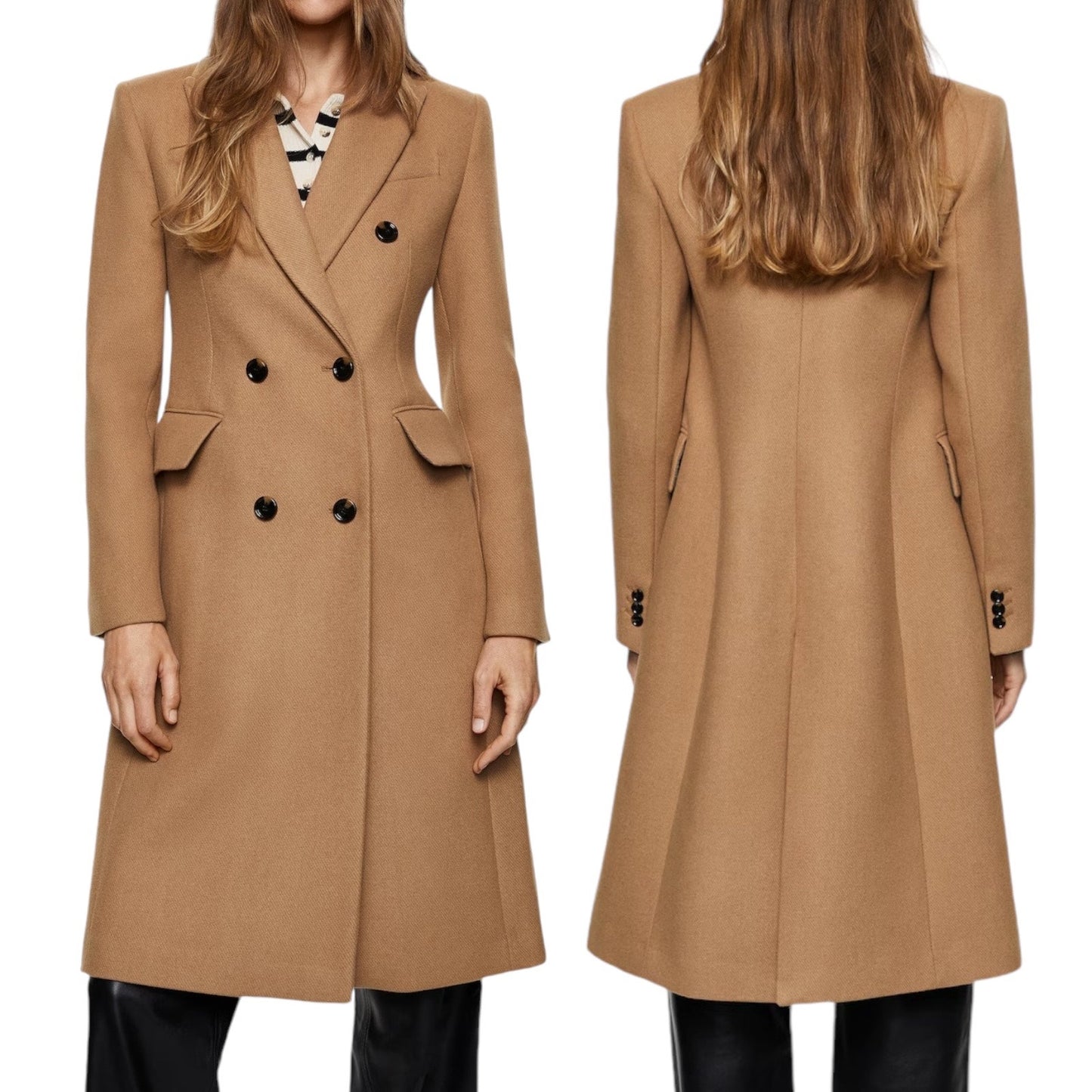 Mango MNG Tailored Double Breasted Wool Coat Camel Brown Size XL