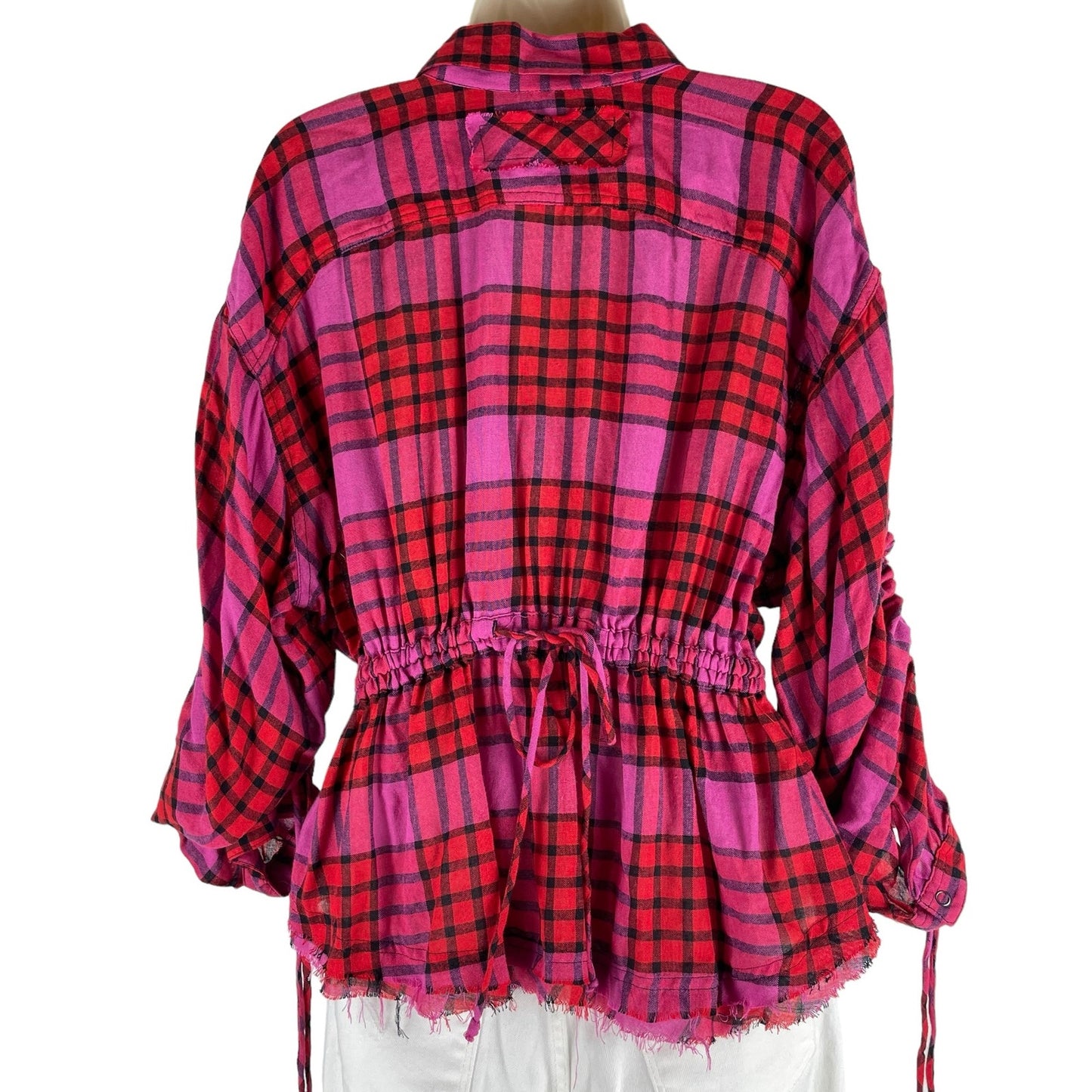 Free People Pacific Dawn Wool Plaid Shirt Red Pink Drawstring Size S