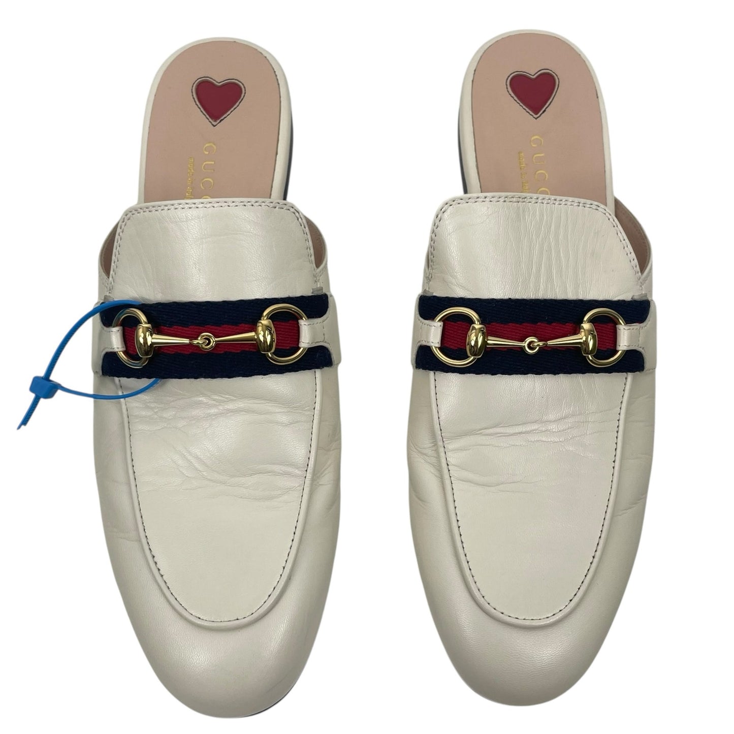 Gucci Princetown Web Leather Slide Mules Gold Horsebit White Size 38