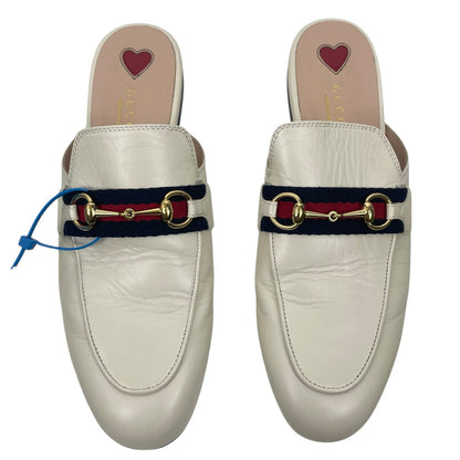 Gucci Princetown Web Leather Slide Mules Gold Horsebit White Size 38