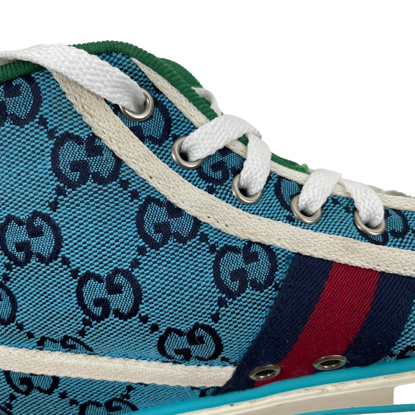 Gucci Tennis 1977 High Top Sneakers Turquoise Navy Logo Monogram Size 37