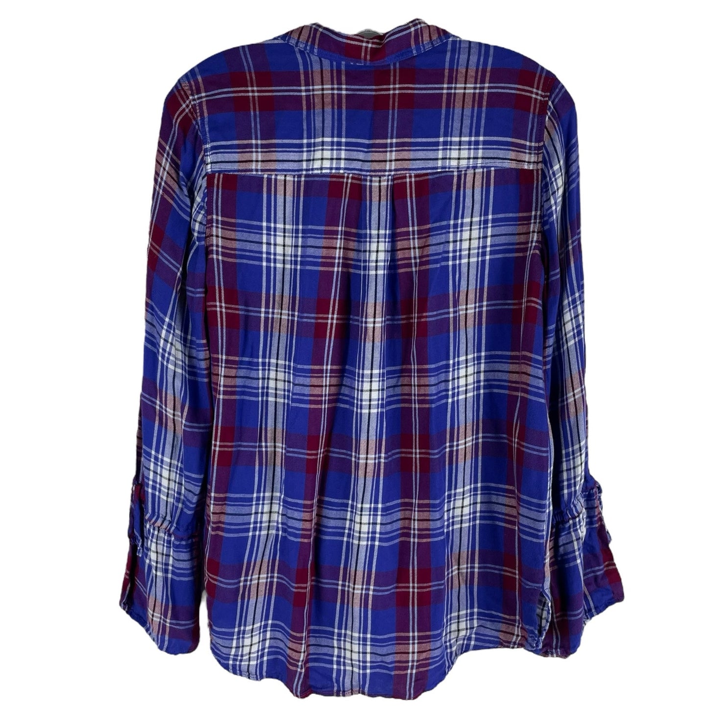 Express Tie Bell Sleeve Plaid Button Front Shirt Hi Low Hem Blue Size S