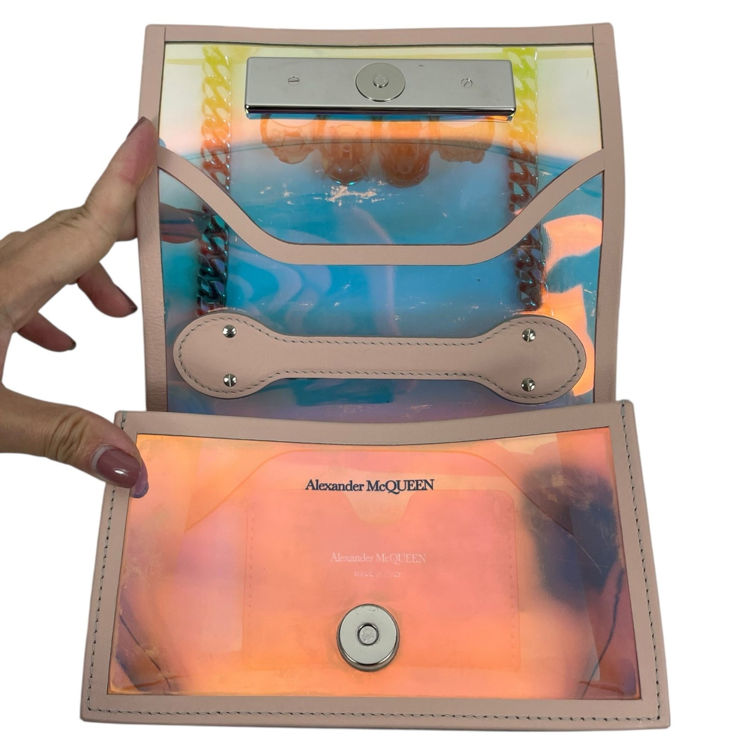 Alexander McQueen Mini Jewelled Crossbody Bag Holographic Pink PVC Leather