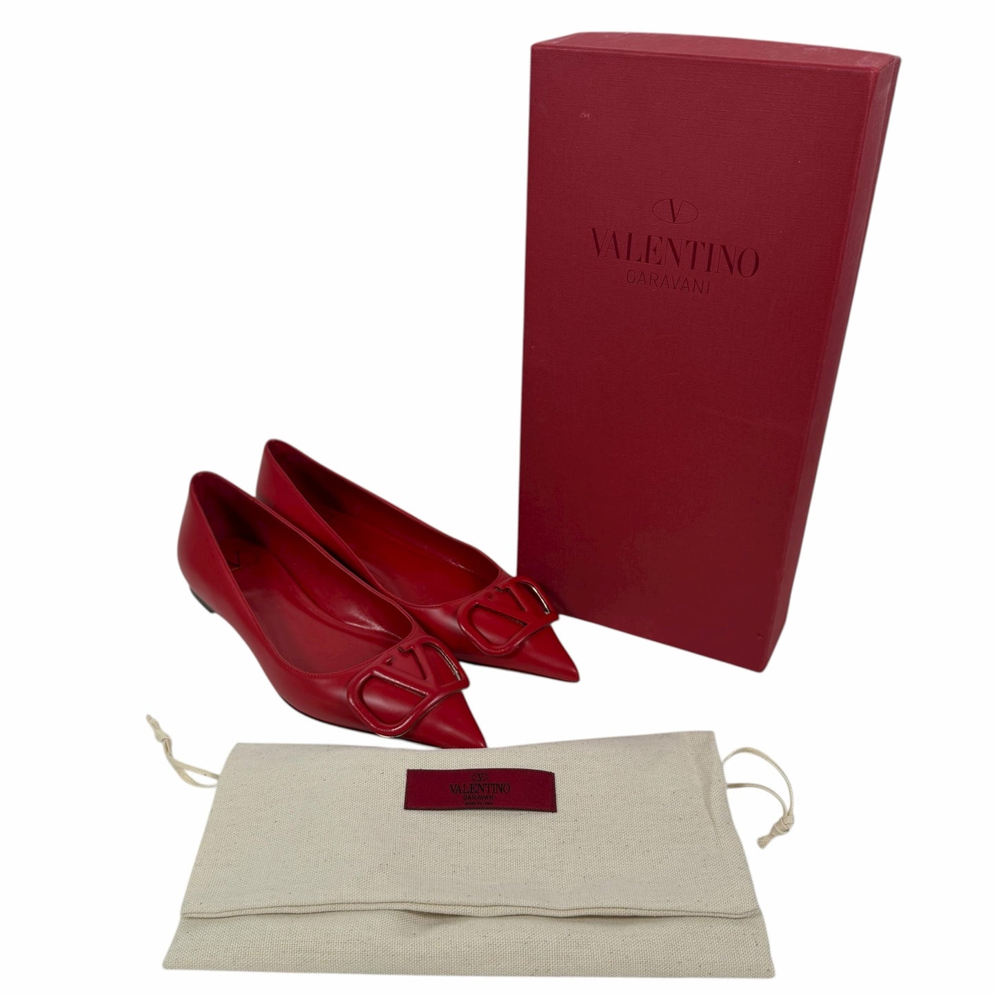Valentino Garavani Vlogo Pointed Toe Nappa Leather Flats Red Size 36