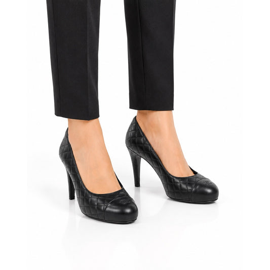 Chanel Cap Toe CC Logo Quilted Leather Platform Pump Black Size 39
