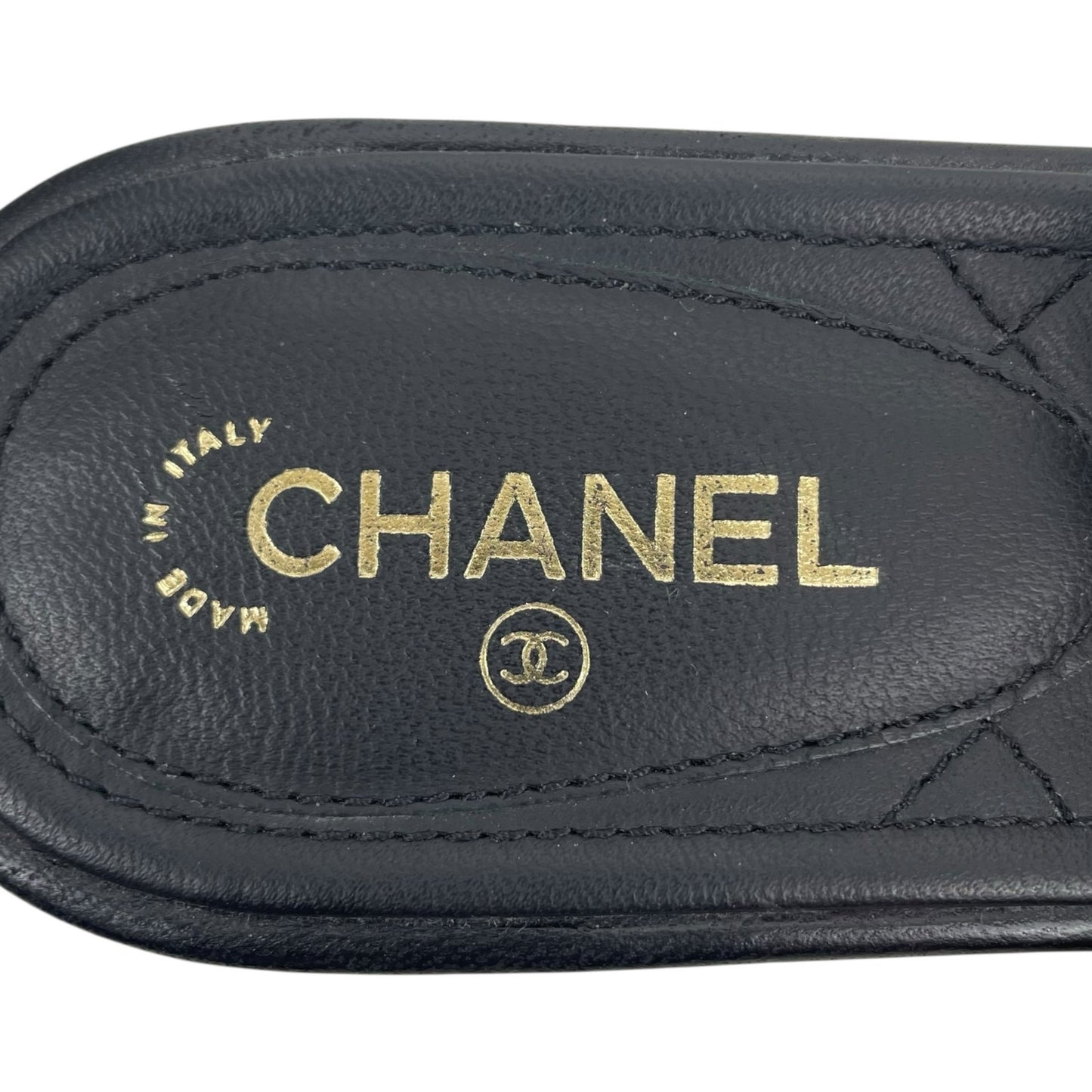 Chanel Camellia Pearl Logo Toe Ring Slingback Flat Sandal Black Size 37.5