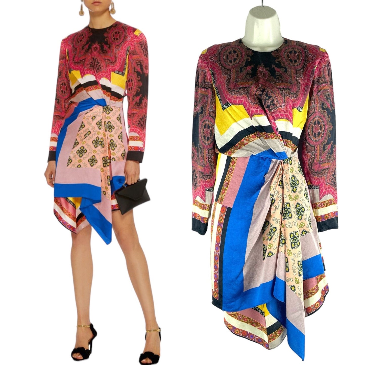 ETRO Mixed Print Long Sleeve Silk Mini Dress Multi Color Size 40/ S