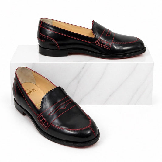 Christian Louboutin Mocalaureat Leather Penny Loafer Black Red Size 36