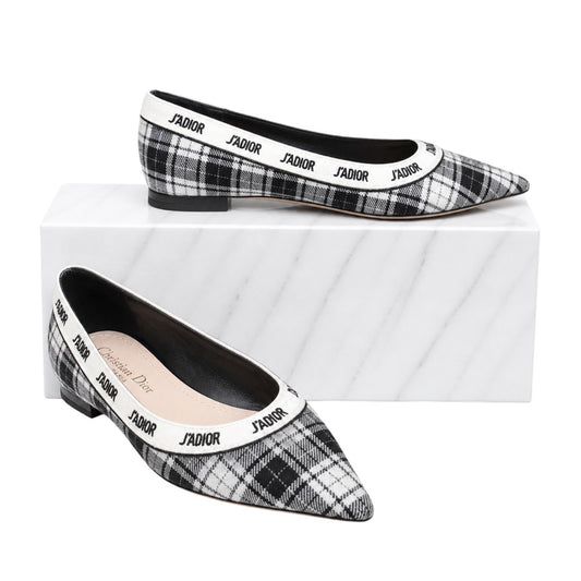 Christian Dior J'adior Embroider Tartan Print Pointed Toe Flats Size 39.5