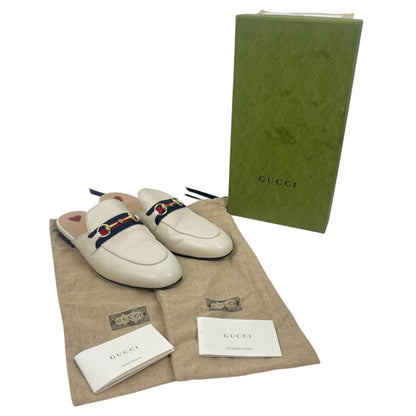 Gucci Princetown Web Leather Slide Mules Gold Horsebit White Size 38