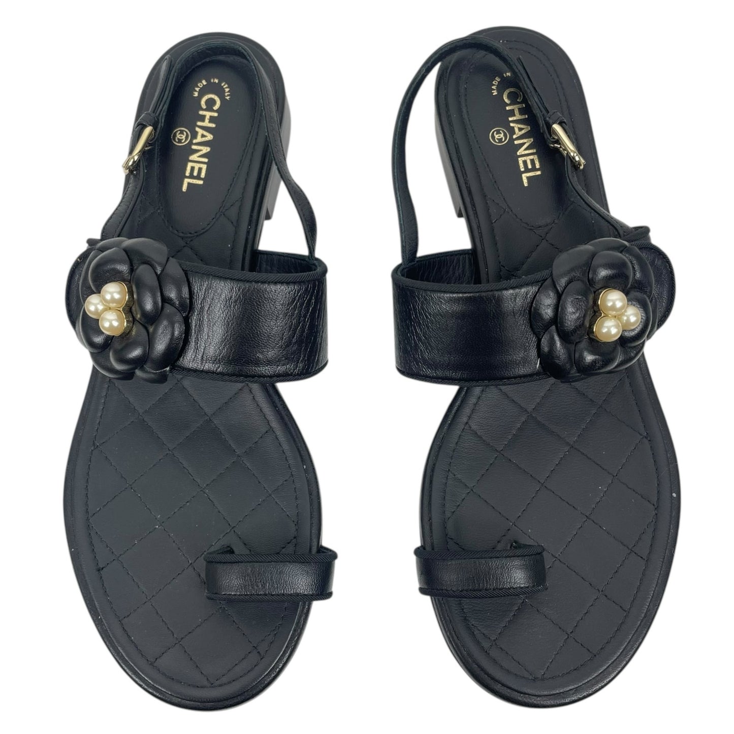 Chanel Camellia Pearl Logo Toe Ring Slingback Flat Sandal Black Size 37.5