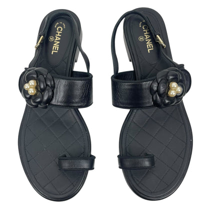 Chanel Camellia Pearl Logo Toe Ring Slingback Flat Sandal Black Size 37.5