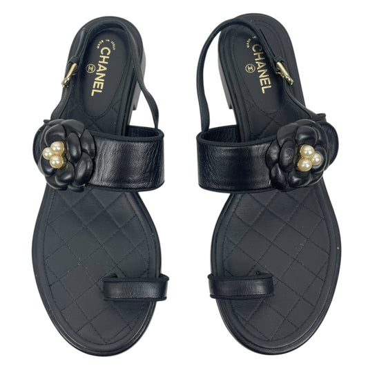 Chanel Camellia Pearl Logo Toe Ring Slingback Flat Sandal Black Size 37.5