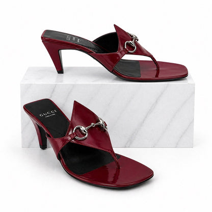 Gucci Mariame Horsebit Leather Thong Sandals Kitten Heel Red Size 36.5