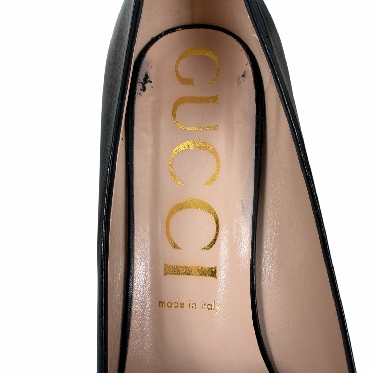 Gucci Horsebit Square Toe Leather Pump Block Heel Black Gold Size 41